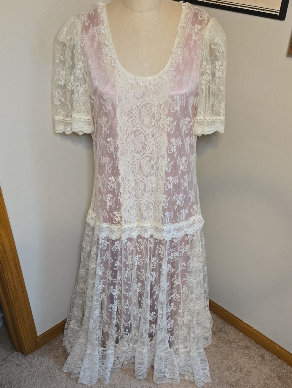 Gunne Sax Pink Satin and Ivory Lace Slip Dress